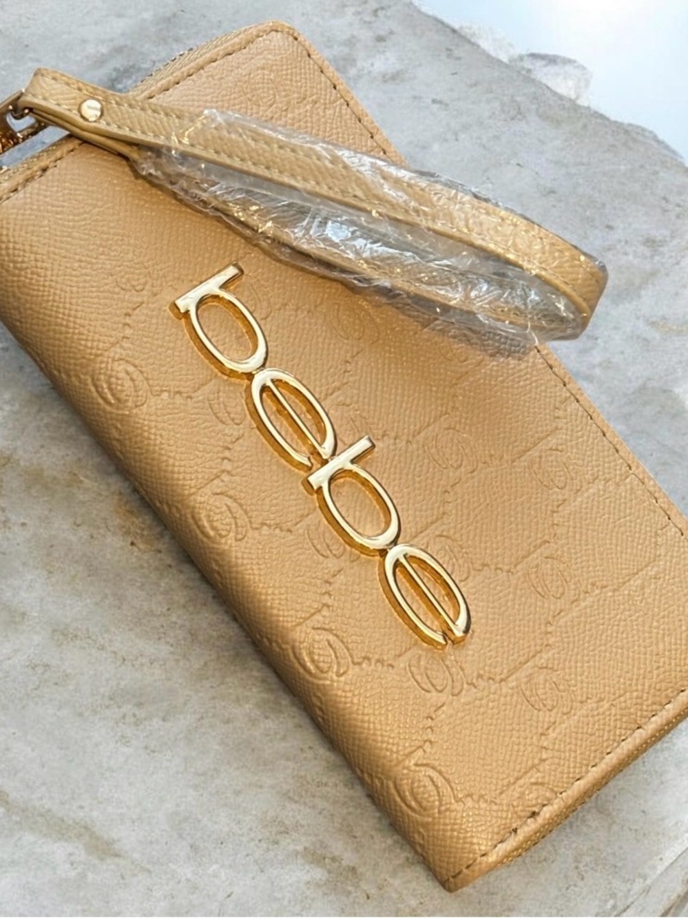 bebe Gold Logo Embossed Wristlet Zip Around Wallet